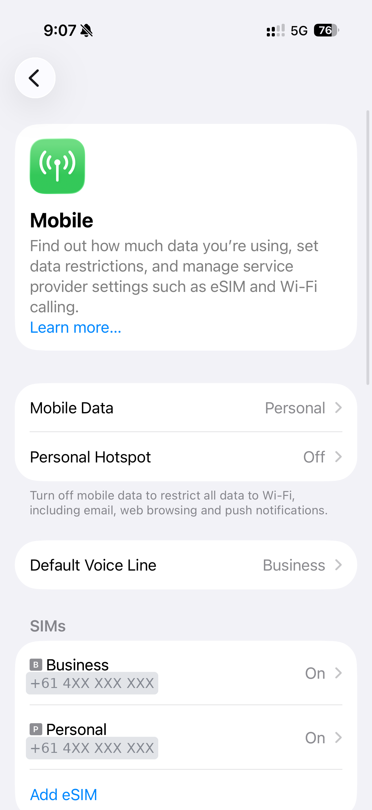 Settings, Mobile — the SIM list