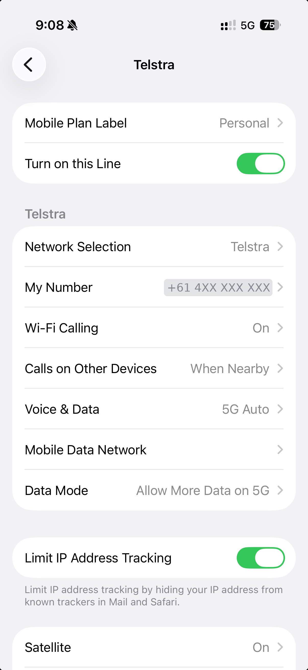 Telstra line settings, showing the Data Mode row